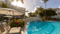 Footbridge over the pool at Sonesta Maho Beach Resort in St. Maarten. 