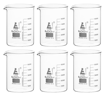 6PK Glass Beakers, 600ml, Low Form with Spout {2394-BK0110 PK}