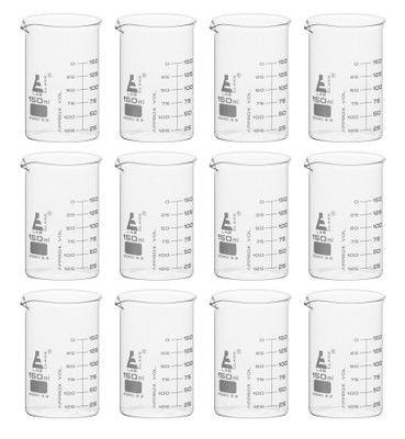 Glass Beaker, 150ml - ASTM - Low Form w/Spout, White Graduations  {2394-CH0124DPK12}