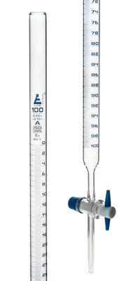 Glass Burette, 100ml - Blue Graduations, Class A, W/ PTFE Stopcock {2394-CH0240D}