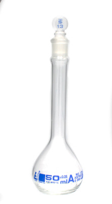 Volumetric Flask, 50ml - Class A, ASTM,Glass Stopper,Blue Graduation {2394-CH0441B}
