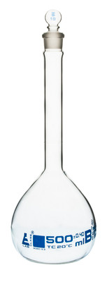 Volumetric Flask, 500ml - Class B, ASTM,Glass Stopper,Blue Graduation {2394-CH0442F}