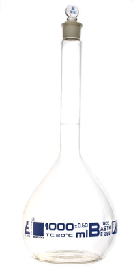 Volumetric Flask, 1000ml - Class B, ASTM,Glass Stopper,Blue Graduation {2394-CH0442G}