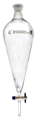 Glass Squibb Separating Funnel, 2000ml - 29/32 Plastic Stopper, Ungraduated {2394-CH0479F}