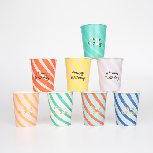 Meri Meri Striped Happy Birthday Party Cups