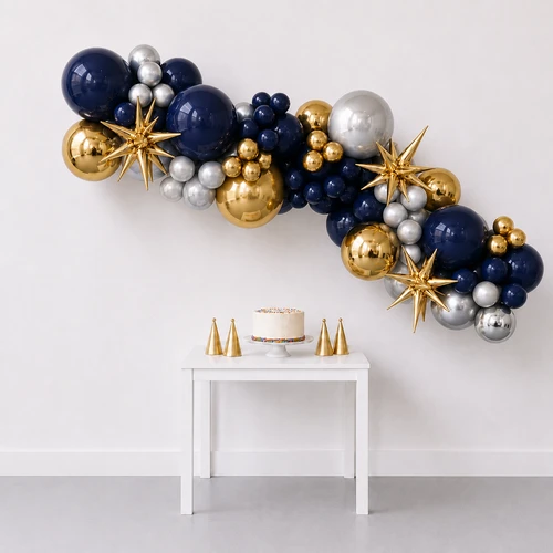 8' Balloon Garland Navy, Gold and Silver