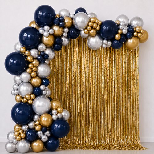 Fringe Curtain Backdrop Navy, Gold and Silver