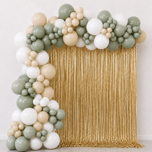 Fringe Curtain Backdrop Sage, Gold and White
