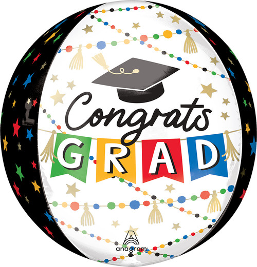 Graduation Party 16" Orbz Balloon with Pom Pom and Stars Helium Filled