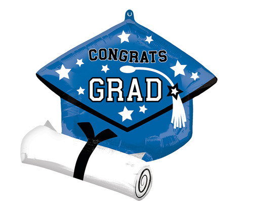 Blue Grad Cap and Diploma 25" Mylar Balloon Helium Filled