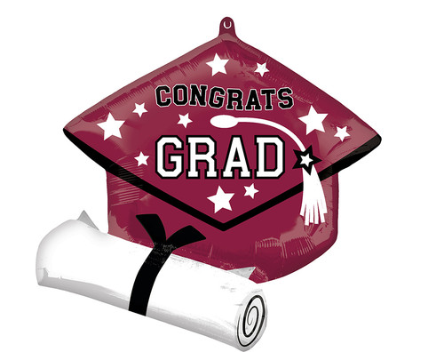 Maroon Grad Cap and Diploma 25" Mylar Balloon Helium Filled