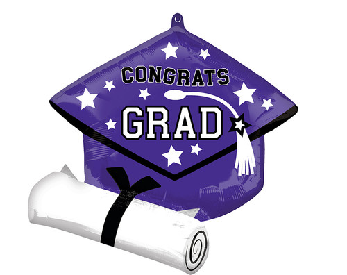 Purple Grad Cap and Diploma 25" Mylar Balloon Helium Filled
