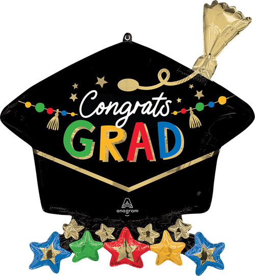Congrats Grad 26" Mylar Cap Balloon with Stars Helium Filled