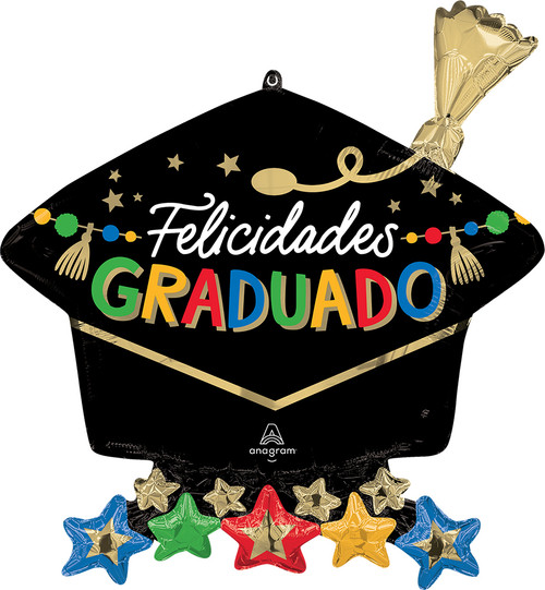 Felicidades Graduado 26" Mylar Cap Balloon with Stars Helium Filled