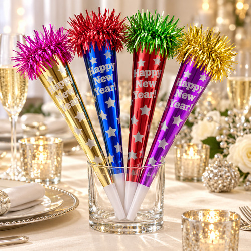 New Year Party Horns, 4-Pack, Assorted Colors