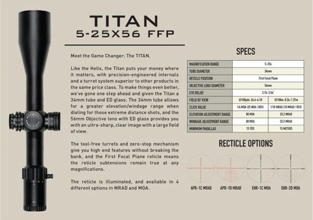 Element Optics Titan 5-25x56 FFP, APR-2 MRAD Reticle, 34mm Tube