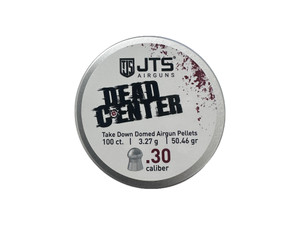 Small round tin of JTS Dead Center 30cal 50.46gr pellets with 2 pellets displayed outside of the tin.