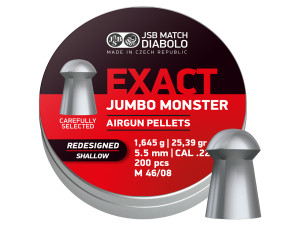JSB Exact Jumbo Monster Redesigned SHALLOW Skirt, 200ct tin and pellet pic, for sale at High Pressure Pneumatics JSB Exact Jumbo Monster Redesigned SHALLOW Skirt, 200ct tin and pellet pic, for sale at High Pressure Pneumatics