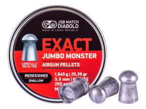 small round tin with a red and black label of JSB shallow skirt 22 caliber 25.39gr 200pcs diabolo lead pellets showing three pellets outside of the tin