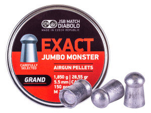 small round tin with a red and black label of 22 caliber 28.55gr 150pcs diabolo lead pellets showing two pellets outside of the tin