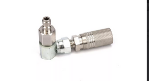 Huma-Air fitting with a male quick disconnect on one end and a female quick disconnect on the other end with a 90 degree connector.