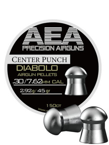 A close-up shot of AEA Center Punch 30 cal 45gr pellets. The pellets are come in a tin container, showcasing their sleek design and diabolo design for accurate penetration. Available at High Pressure Pneumatics A close-up shot of AEA Center Punch 30 cal 45gr pellets. The pellets are come in a tin container, showcasing their sleek design and diabolo design for accurate penetration. Available at High Pressure Pneumatics