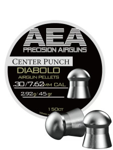 A round tin of AEA 30CAL 45GR Diabolo domed lead pellets with 2 pellets displayed outside of the tin to show the pellet. A 150 count tin