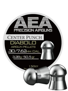A round tin of AEA 30CAL 50.5GR Diabolo domed lead pellets with 2 pellets displayed outside of the tin to show the pellet. A 150 count tin