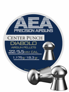 Round Tin of AEA Center Punch 22Cal 18.3gr Diabolo lead pellets and showing 2 Diabolo pellets outside of the tin