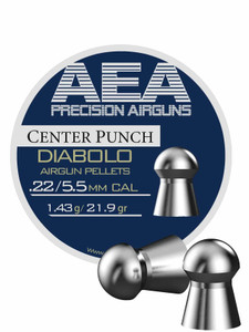 Round Tin of AEA Center Punch 22Cal 21.9gr Diabolo lead pellets and showing 2 Diabolo pellets outside of the tin