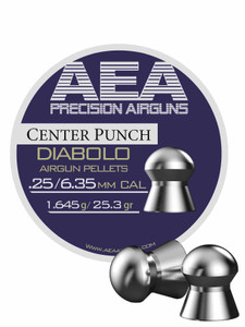 round metal tin of AEA Center Punch 25 Caliber 25.3gr diabolo lead pellets with 2 pellets shown outside of the tin.