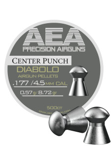 500ct Round tin of 177cal 8.72gr AEA Diabolo Lead Pellets with 2 pellets outside of the tin to show shape.
