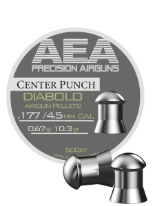 500ct Round tin of 177cal 10.3gr AEA Diabolo Lead Pellets with 2 pellets outside of the tin to show shape.