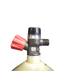 Used round cylindrical shape 45 minute fireman's air tank with SCBA Valve, showing just the SCBA Valve.