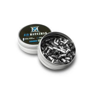 An open tin revealing the AirMarksman 22 caliber .218 diameter Hollow Point slugs m,ade by Corbin for AimMarksman.