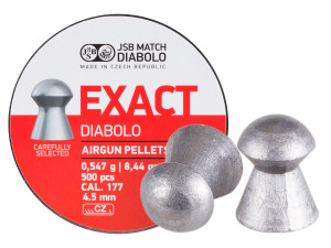Small round tin with a red and white label of JSB 177 caliber 8.44gr diabolo lead pellets showing two pellets outside of the tin