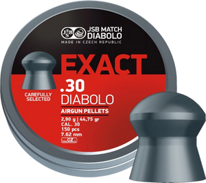 large tin with black and red label of JSB 30 caliber 44.75gr 150pcs exact diabolo lead pellets with one pellet outside of the tin
