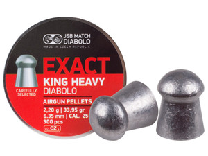 Large tin with a red and black label of JSB 25 caliber 33.95gr 300pcs diabolo lead pellets showing two pellets outside of the tin