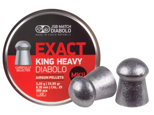large tin with a red and black label of JSB 25 caliber 33.95gr MKII 300pcs diabolo lead pellets showing two pellets outside of the tin