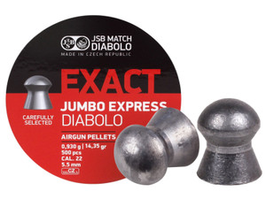 large round tin with a red and black label of JSB 22 caliber 14.35gr 500pcs jumbo  diabolo lead pellets showing two pellets outside of the tin