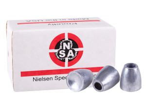 white box with red and black labeling .250 caliber NSA slugs with 3 slugs outside the box to show shape