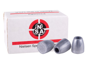 white box with red and black labeling .250 caliber NSA slugs with 3 slugs outside the box to show shape