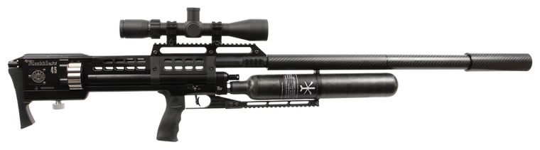 Right side profile picture of the Western Airguns Rattler 45 Longstrike  with scope mounted but scope not included. You can also see the rotary magazine, 700cc bottle, picatinny under-rail and Moderator.