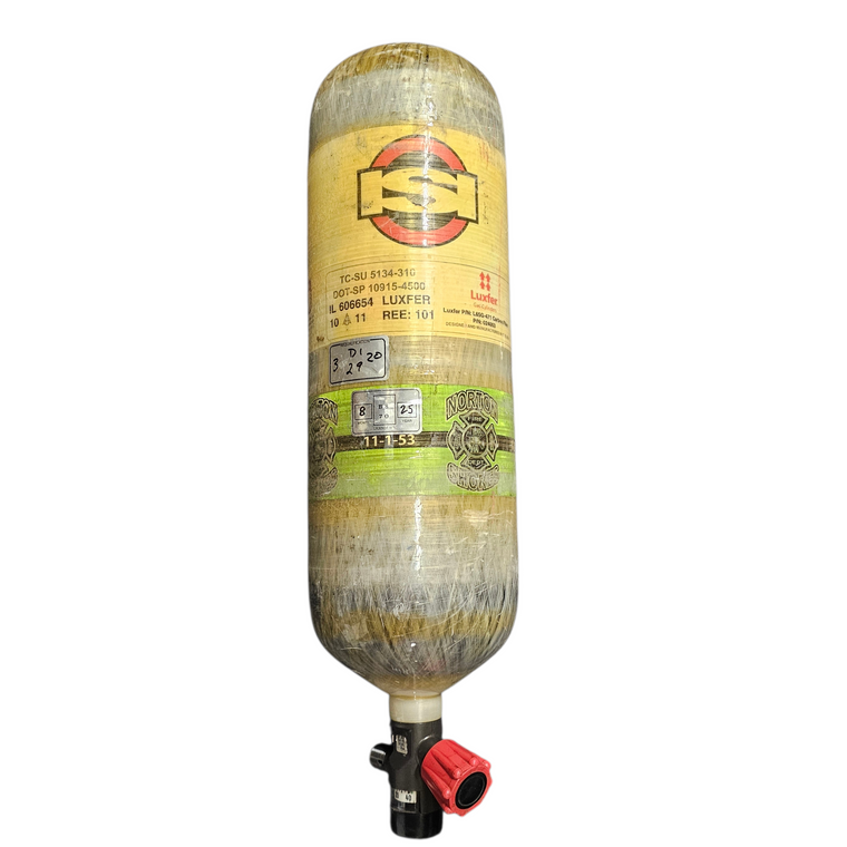 Used round cylindrical shape 45 minute fireman's air tank with SCBA Valve and Hydro test sticker.
