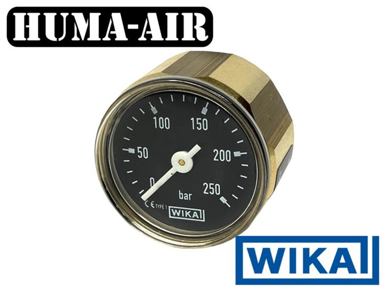 Huma-Air WIKA 28mm 1/8BSO 250BAR Gauge Black Face, 250bar gauge, for sale at High Pressure Pneumatics