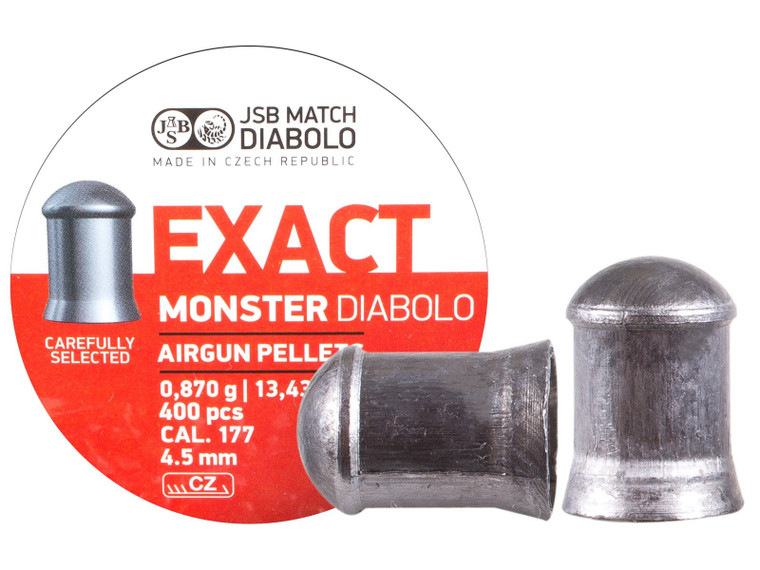Small round tin with a red and white label of JSB 177 caliber 13.43gr Redesigned Monster diabolo lead pellets showing to pellets outside of the tin