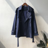 Ladies Short British Style Loose Solid Color Long-sleeved Windbreaker Jacket (Color:Navy Blue Size:L)