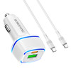 Borofone BZ14A PD 20W USB-C / Type-C + QC 3.0 USB Ports Car Charger with Ambient Light + 1m USB-C / Type-C to USB-C / Type-C Data Cable Set(White)