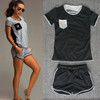 Fashionable Casual Back Cutout Leopard Logo Short Sleeve Shorts Suit (Color:Black Size:S)