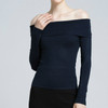 Women Spring One-neck Collar Off-Shoulder Sexy Sweater, Size: L(Navy Blue)